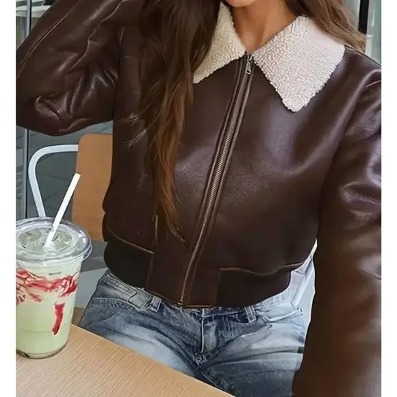 Women's Brown Leather Jacket - Picture 3 of 7